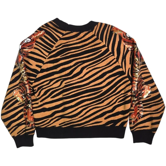 Queen of Sparkles Tiger Stripe Cardigan Sequin Tigers Black Camel Medium - Picture 8 of 14
